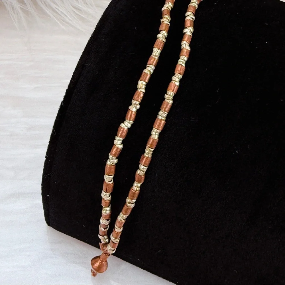 Vintage Double Strand Copper Silver Finish Beaded Necklace Mixed Metal Boho